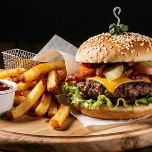 Фото товара 'Бургер с котлетой из  говядины + фри'