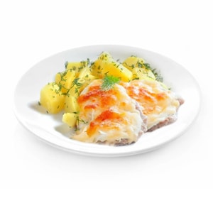 Фото товара 'Куриная отбивная с ананасом и вареным картофелем'